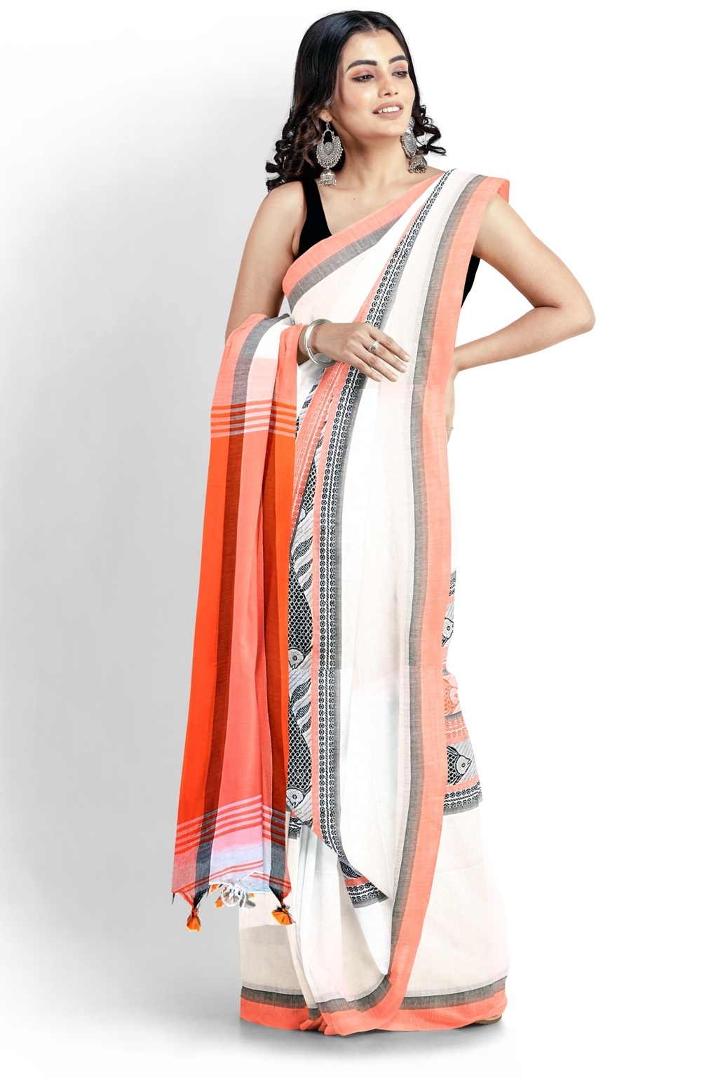 White Orange Pure Cotton Marine Hand Loom Saree (1280)